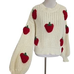 Cottage Novelty Sweater 3D Strawberries Ribbed Knit Slouchy Cropped Women Large